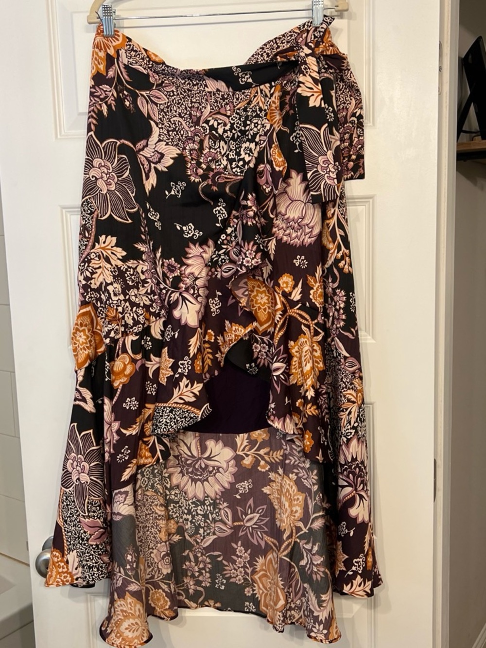 Maeve by Anthropologie Black Floral High-Low Wrap Skirt